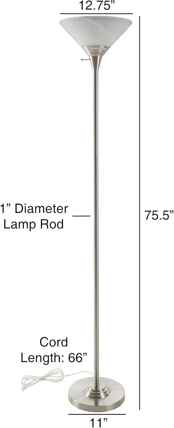 72-Torch-3 Torchiere Floor Lamp - Standing Bedroom Light With Sturdy Metal Base And Marbleized Glass Shade - Led Bulb Included