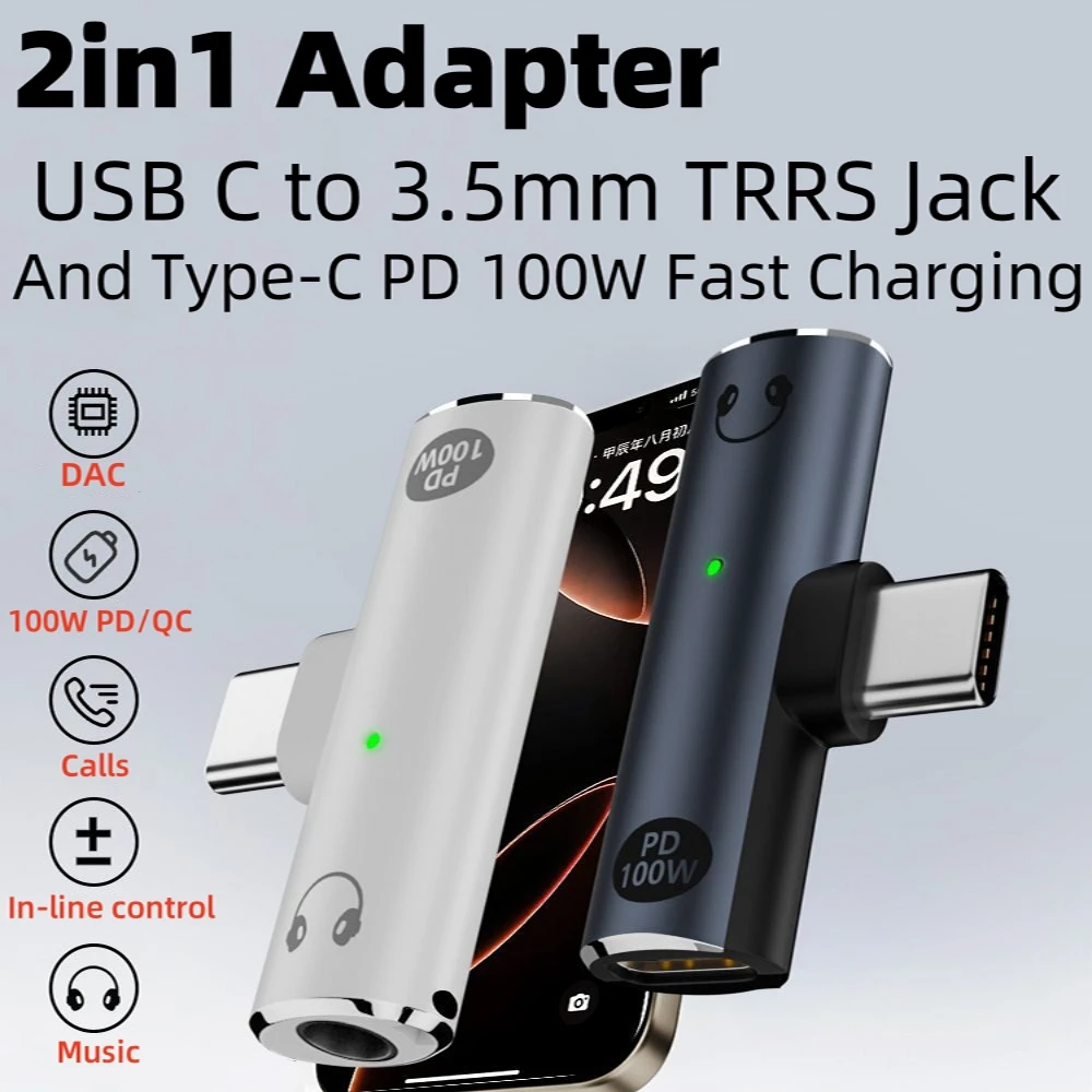 USB C إلى 3.5 ملم سماعة رأس وشاحن 2 في 1 محول Type-C إلى Aux Audio Jack مع 100W PD شحن سريع دونجل لأجهزة الكمبيوتر المحمول المحمول