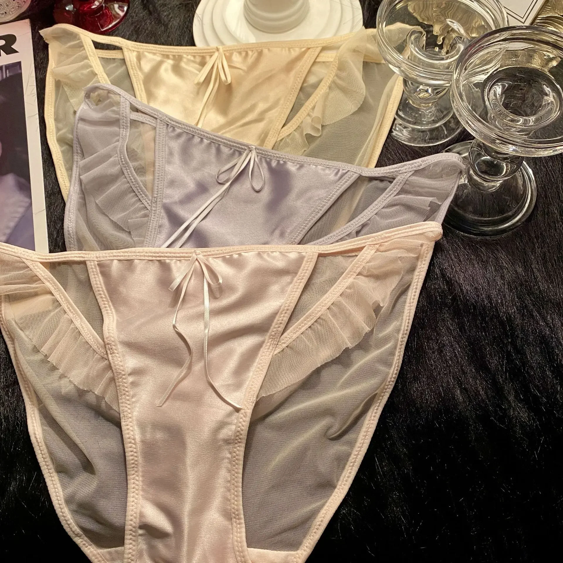 Pure Want Hollow véu macio translúcido para mulheres, cintura baixa, arco de cetim, patchwork, borda de saia de tule, roupa íntima vermelha