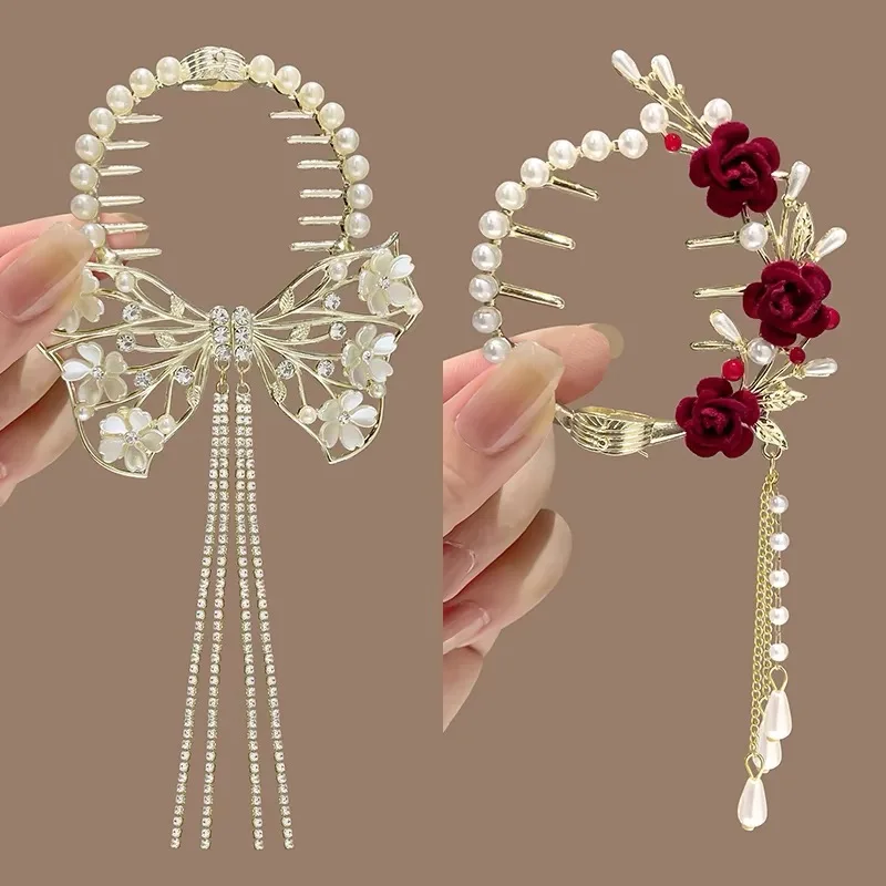 Amxiu Pearl Tassel Rhinestone Hair Clasp Bun Maker Hair Claw For Girls High Ponytail Hair Clip Temperament Hanfu Headdress 2024