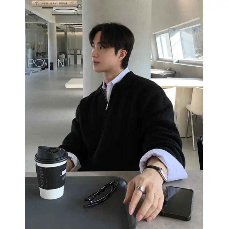 Black Lapel Sweater Men Warm Zipper Knitted Pullover Men Streetwear Korean Loose Long Sleeved Sweater Mens Jumper Clothes