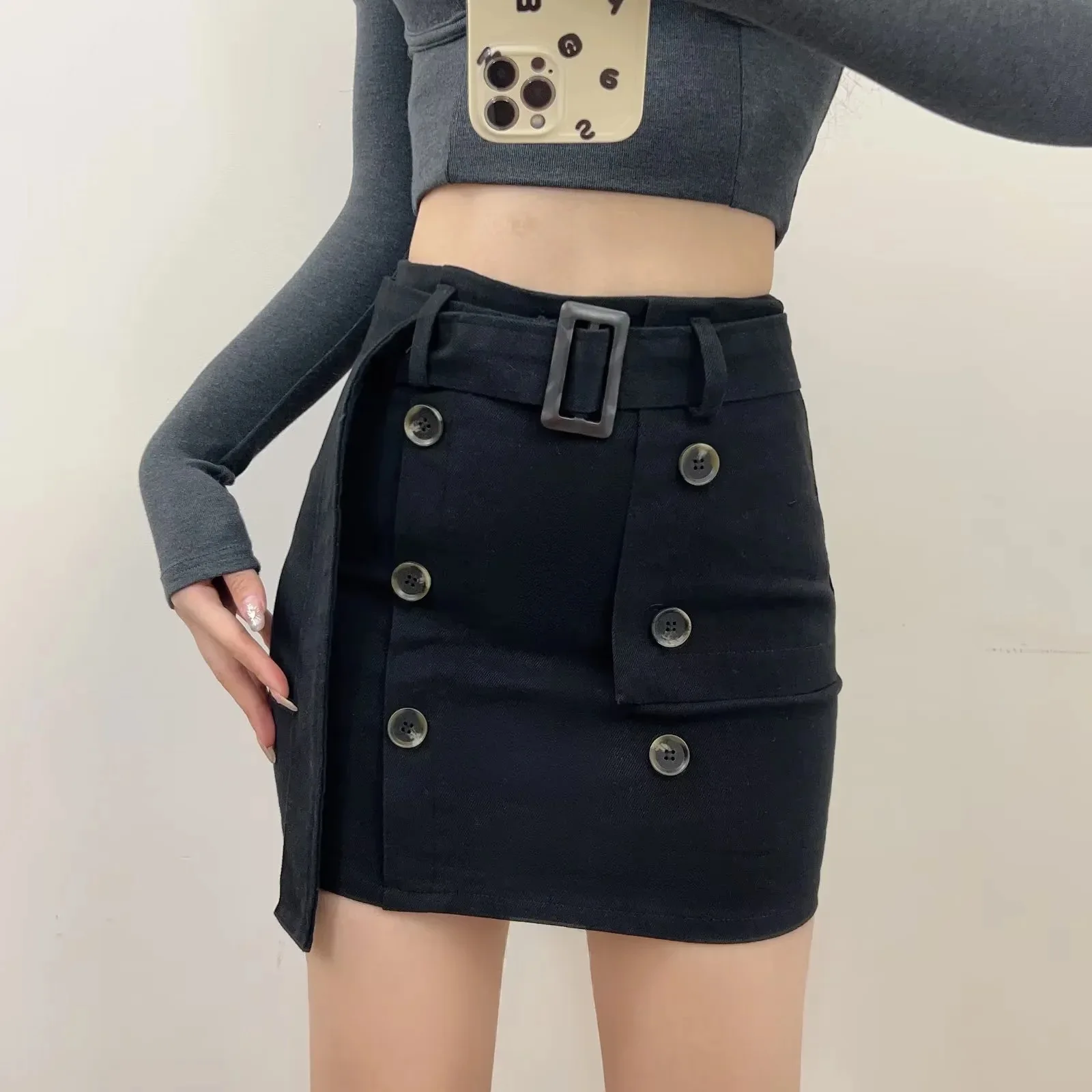 American Style Spicy Girl High Waist Double Breasted Half Length Skirt Women 2024 New Sexy Wrapped Hip Ultra Short Skirt FBY6