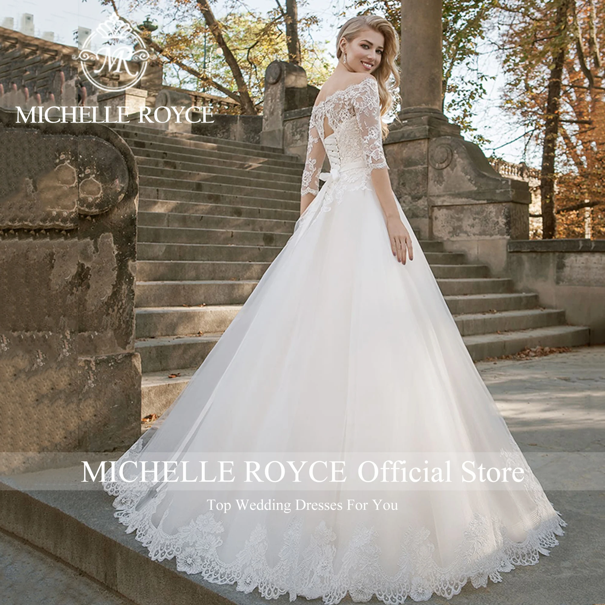 Michelle Royce Ball Gown Wedding Dress Boat Neck Embroidery Beading Belt Customized Size Lace Up Wedding Gown Vestidos De Novia