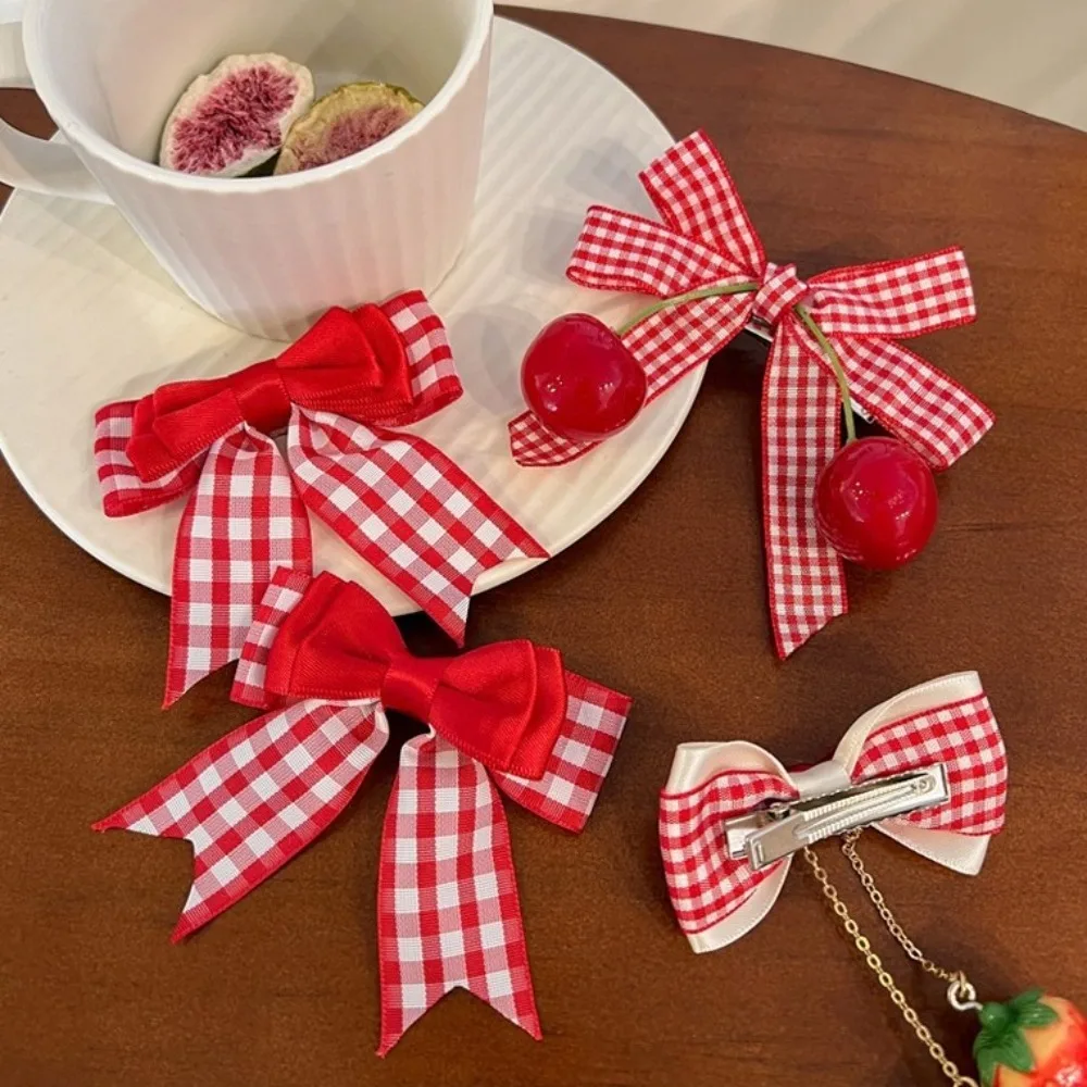 1pair Red Cherry Hair Clip Cute Barrettes Headwear Cloth Bow Strawberry Side Hairpins Headflower Bow Hairpins Girls