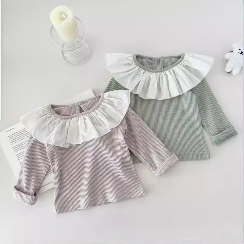 New Autumn Baby Pit Stripe Long Sleeved T-shirt Girls Baby Lace Collar Versatile Color Blocked Bottom Shirt