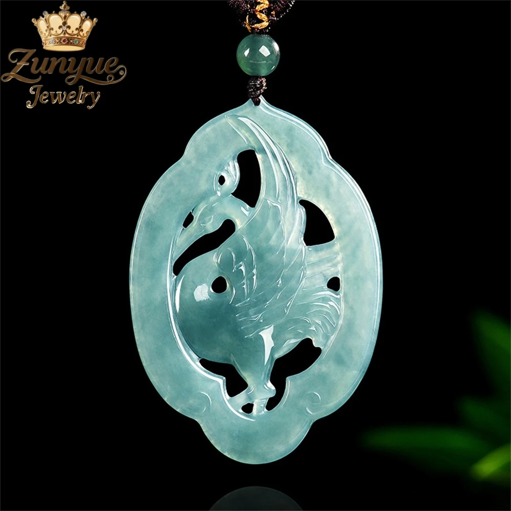 Natural A-Grade Jadeite Blue Water Cloud Stream Egret Ice Seed Jade Pendant High-end Hollowed-out Fashion Jewelry Holiday Gift