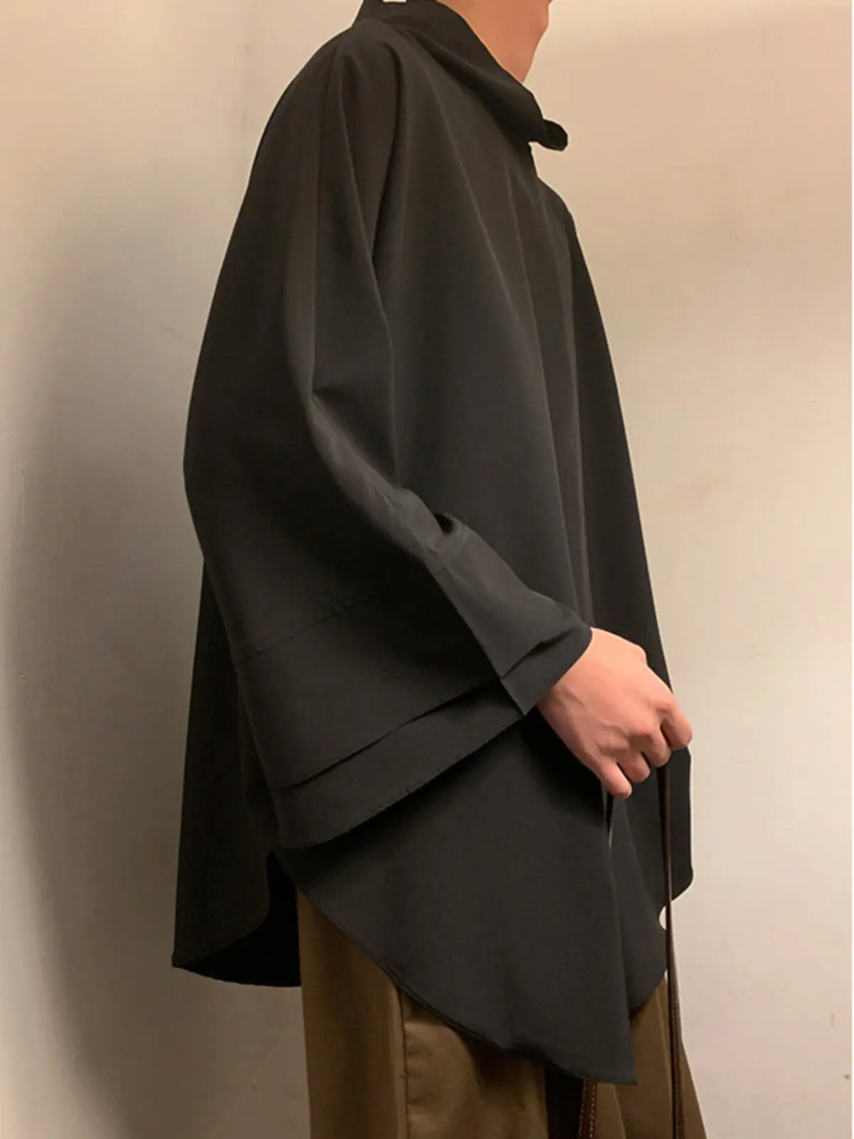 Ice Silk Mock Neck T-Shirt Men Asymmetrical Hem Drop Shoulder Oversized Japanese Yohji Style Summer Cool Japanese Streetwear Top