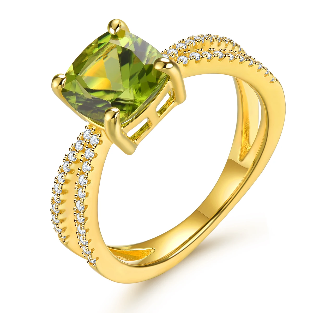 

Original 2.5 Carats Pure Silver 925 Ring Yellow Gold Plated Natural Peridot Ring Cushion Cut Gemstone Ladies Ring Silver