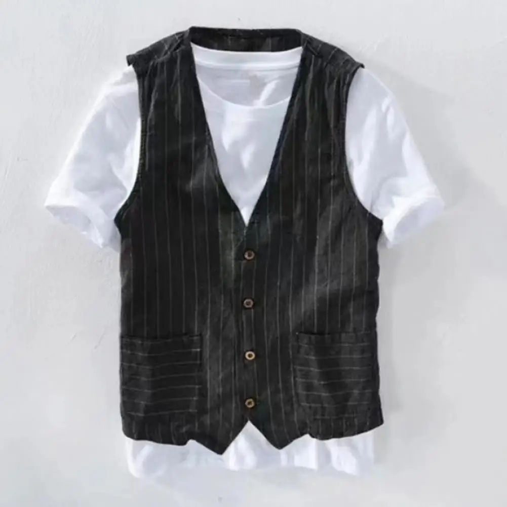 Striped Workwear Vest Stylish British Men's V-neck Striped Waistcoat Collection with Pockets Sleeveless Retro for Fashionable