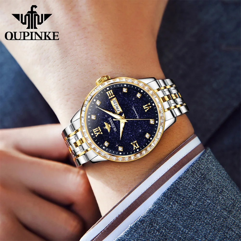OUPINKE Watches For Man 3258 Luxury Automatic Mechanical Watch 50M Waterproof Week Date Watches Gift Box Starry Sky Dial New