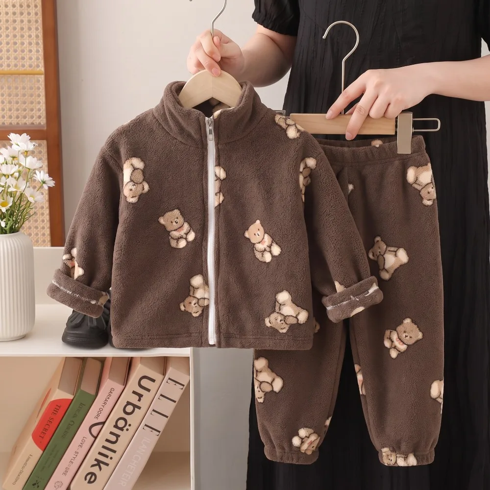 Children's Home Wear Set Baby Boy and Girl Double-sided Fleece and Thickened Puff Velvet Pajamas Jacket, Plus Warm Two-piece Set