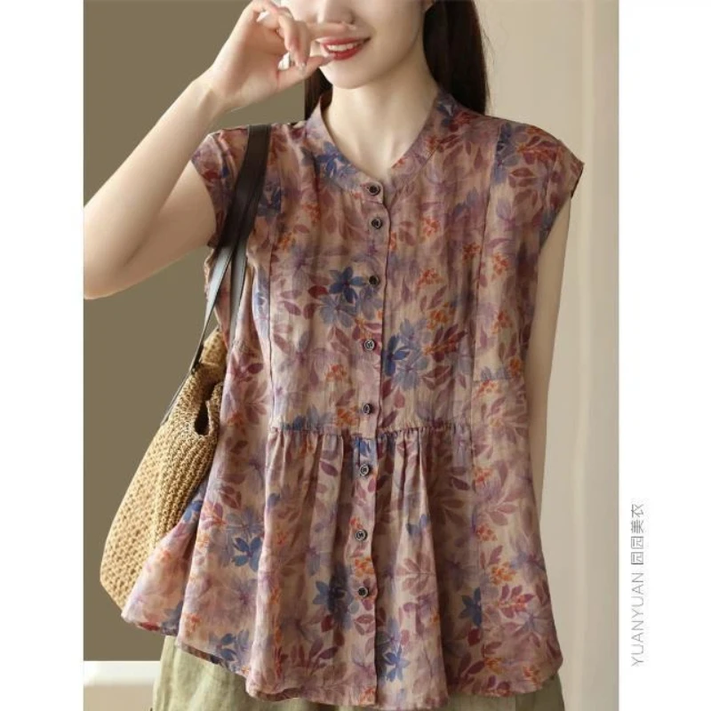 

Женская рубашка с цветочным принтом и воротником-стойкой, свободного кроя, средней длины, в повседневном стиле, летняя блузка с пуговицами спереди, топ в стиле бохо-шик