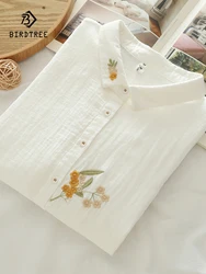 New Summer Cotton Yarn 3/4 Sleeve Shirts Lapel Flower Embroidery Tops Commute Girl Sweet Loose OL Blouse 2024 Autumn T465103QC