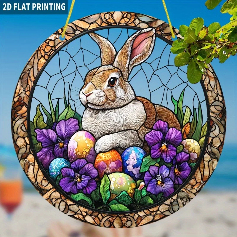 2D Flach, 1 Stück, Osterhase und Eiförmiger Sonnenfänger - 7,87 Zoll Runde Retro Acryl Wanddekoration mit Lebendigem Kunstdruck, Nr
