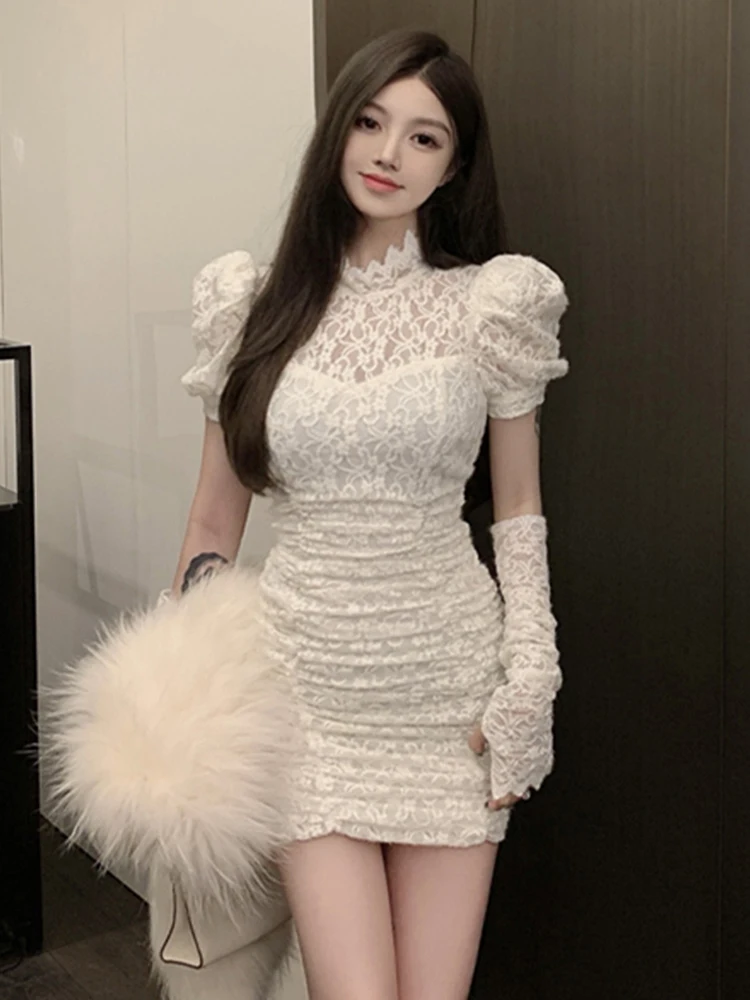 White Sexy Lace Dress Women\'s High-End Skirt Elegant High-End Lady Fit Body Skirt Korean Style Commute Pure Color Short Sleeve