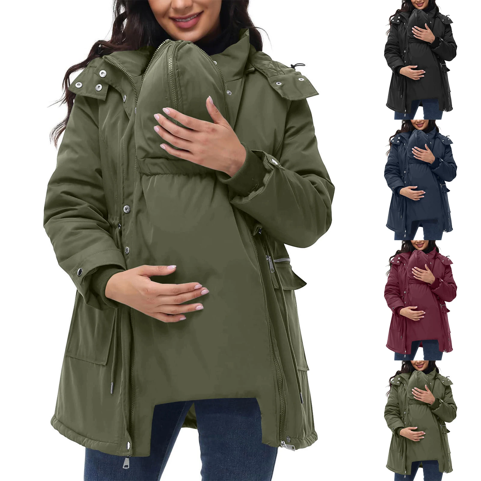 Veste à capuche de couleur unie moyenne à longue, grande poche, en coton, manteau chaud d'hiver pour femmes