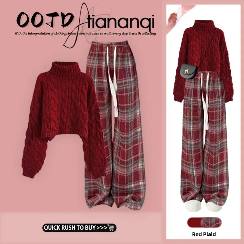 

Ankela Red High Neck Knitted Sweater Women's Base Layer Shirt High Waist Drawstring Plaid Pants Set Fashionable Two-Piece Suit