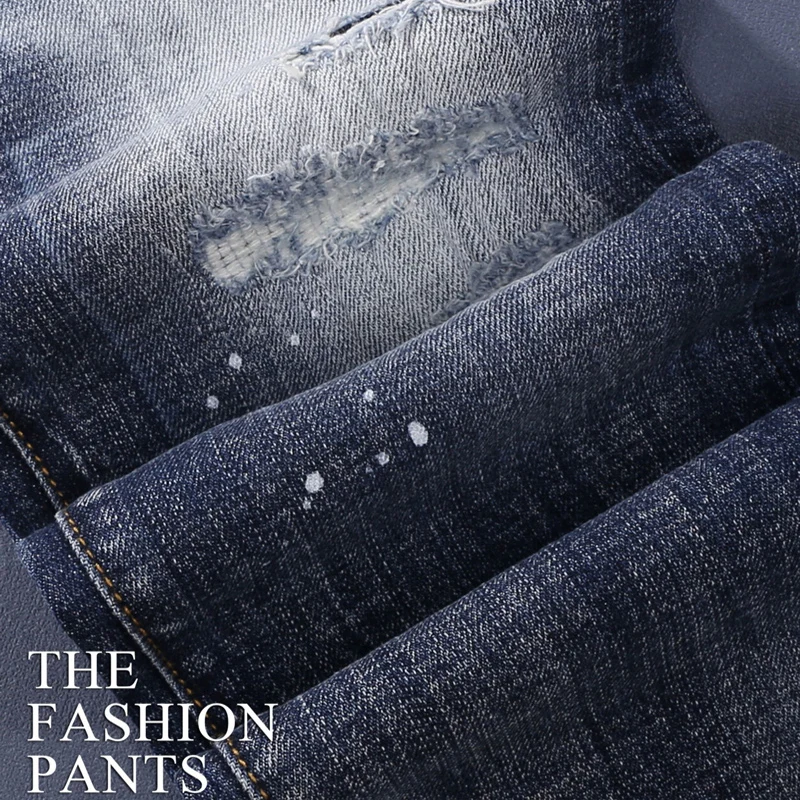 

High Street Designer Модные мужские джинсы Ретро Синие эластичные облегающие рваные джинсы с окраской Мужские брендовые винтажные джинсовые брюки в стиле хип-хоп