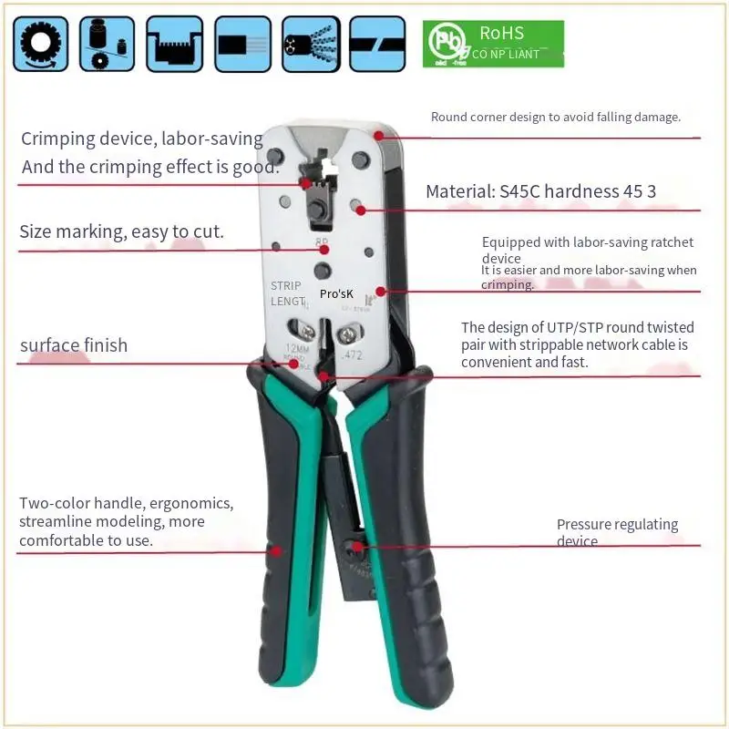 Pro'sKit CP‑376VR Network Crimping Pliers Zinc‑Aluminum Alloy for RJ45 8P Crystal Head Ethernet Cable Professional Hand Tool