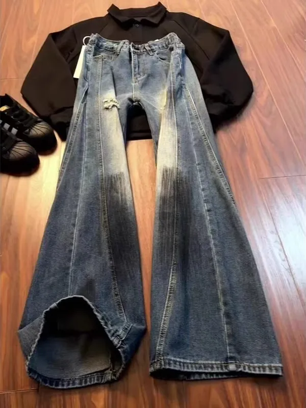 

American Retro Waed Hole Knife Jeans Men Spring Design High Street Vibe Loose Flared Pants Straight Cut Casual Sle