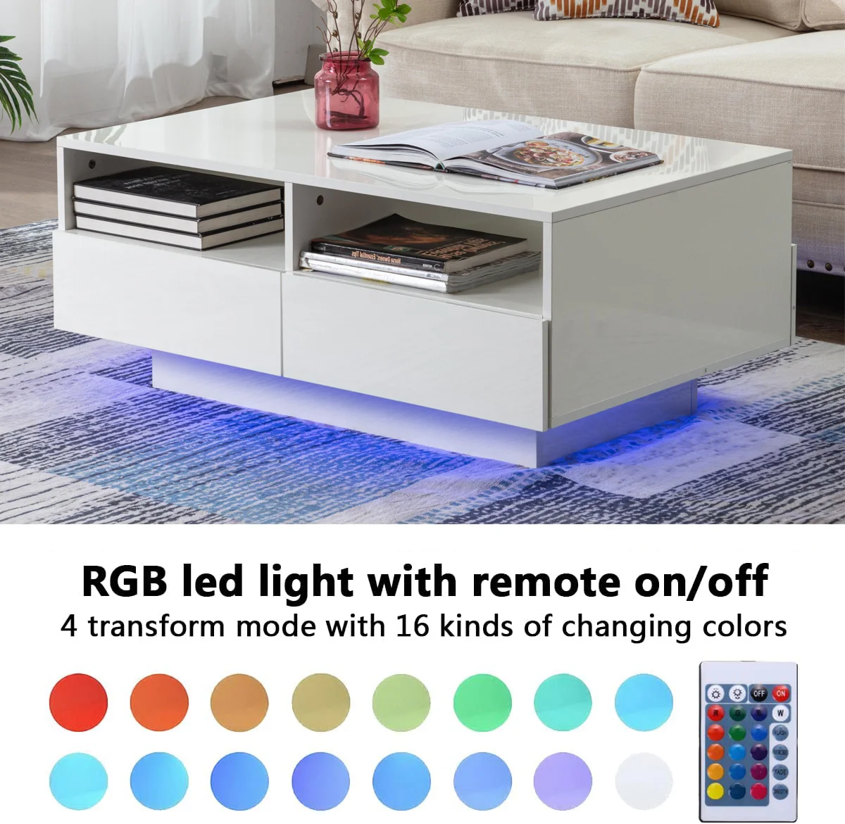 LED Coffee Table with 4 Storage Drawers, Modern High Glossy Center Table with 20 Colors LED Lights for Living Room