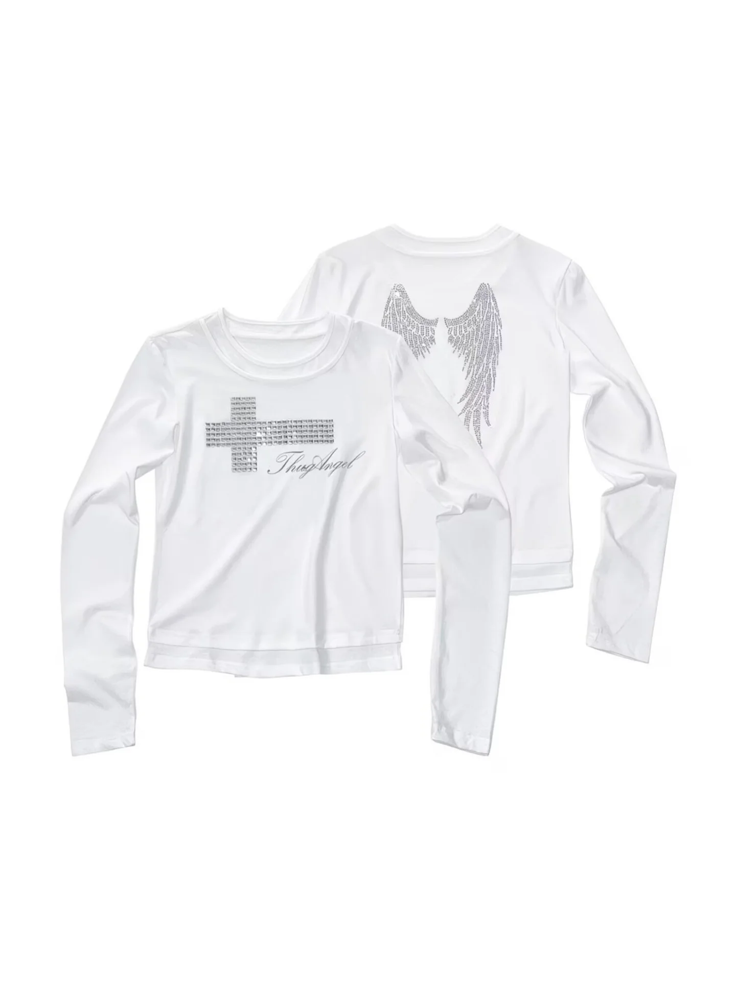 Y2K Aesthetic Women's Slim Fit Cropped Long Sleeve Tee with Front Rhinestone Cross And Back Angel Wings round Neck Streetwear