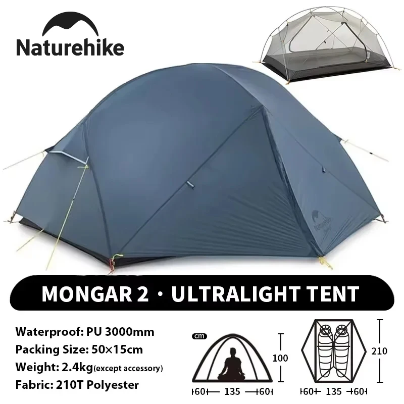 Naturehike Mongar Campingzelt, 20D/210T, 2-Personen-Zelt, ultraleicht, tragbar, doppelschichtig, für Outdoor, Wandern, Reisen, 4-Jahreszeiten-Zelte