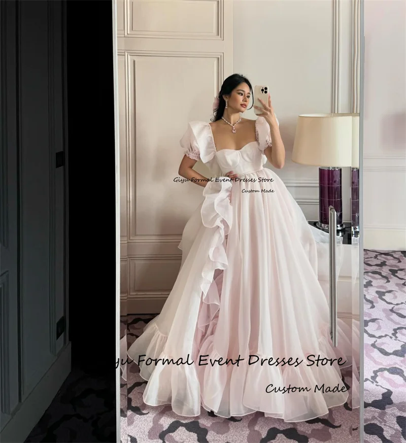 Giyu Princess Baby Pink Organza Evening Dresses Short Sleeves Square Neck Split Ruffles Wedding Party Dress Prom Gowns Korea