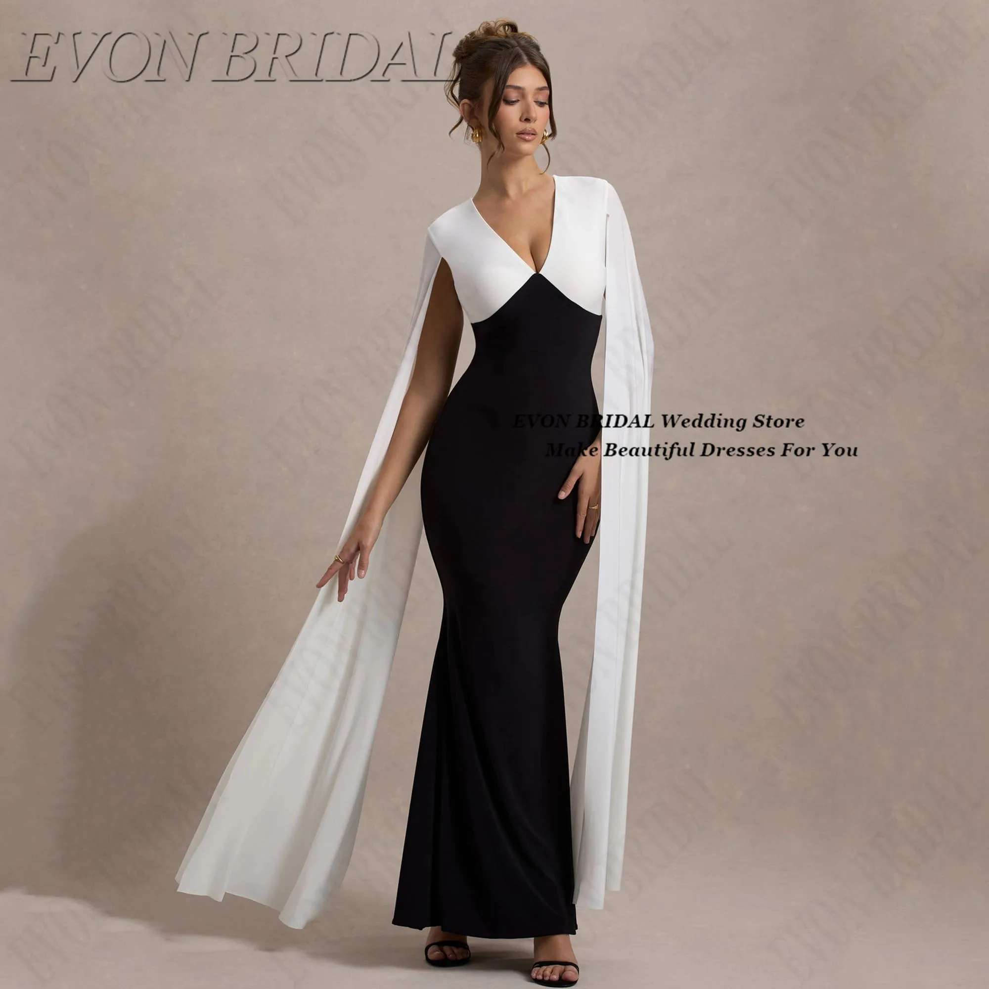 

Black White Evening Dresses V Neck Mermaid Women Prom Gowns with Long Shawls Sexy Wedding Party Gowns EVON BRIDAL Customized