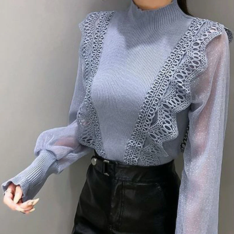 Sexy Lantern Long Sleeve Sweaters Women 2024 Spring Ruffles Spliced Knitting Jumpers woman Wild Slim Fit Ladies Tops