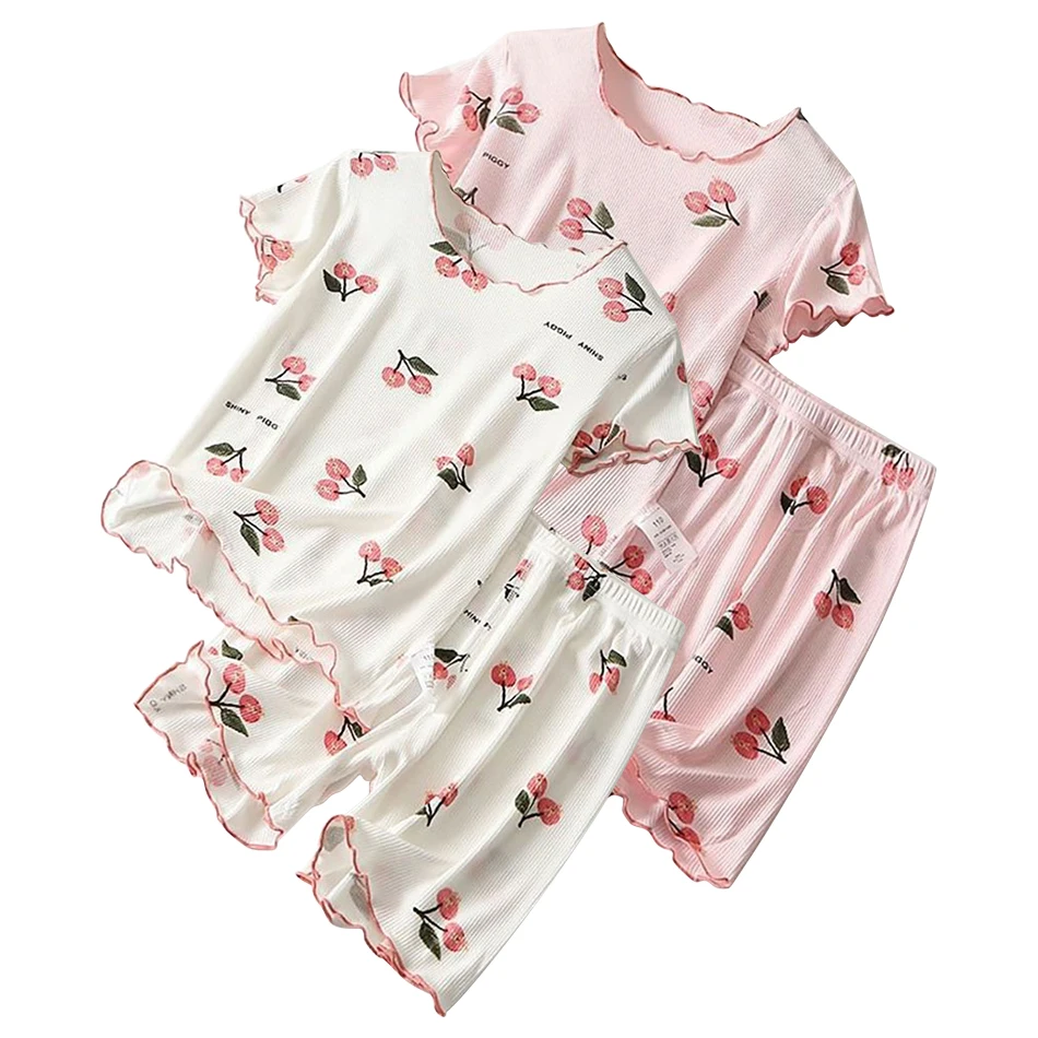 Cute Girls Summer Sleepwear Ice Silk Material Short Sleeves and Shorts  Children Clothing Warm Weather Pajama Sets 1-8 Years Old