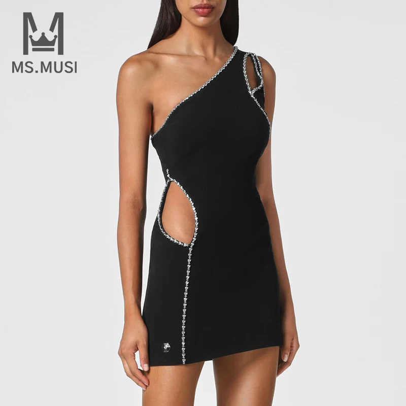 

MSMUSI 2023 New Fashion Women Sexy One Shoulder Crystal Sleeveless Hollow Out Backless Bandage Party Club Bodycon Mini Dress