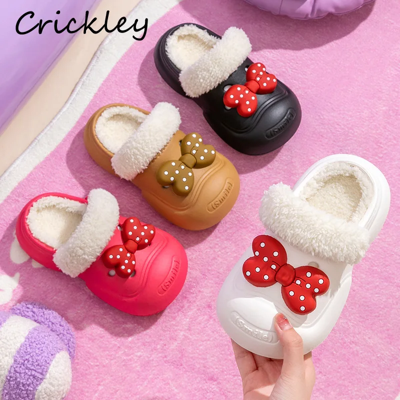 Winter Bow EVA Girls Slippers Waterproof Fleece Soft Kids House Slippers Anti Slip Warm Plush Outdoor Children Clogs Shoes