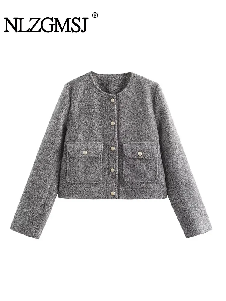 

NLZGMSJ Women Bomber Jacket 2025 Autumn Long Sleeve Single Breasted Pocket Coat Female Casual Outerwear Y2K