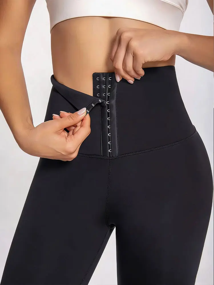 Waist Trainer Yoga Pants Tummy Control Butt Lifting Button Closure Stretch Fitness Pants Solid Color Peach Hip Quick Dry Sports