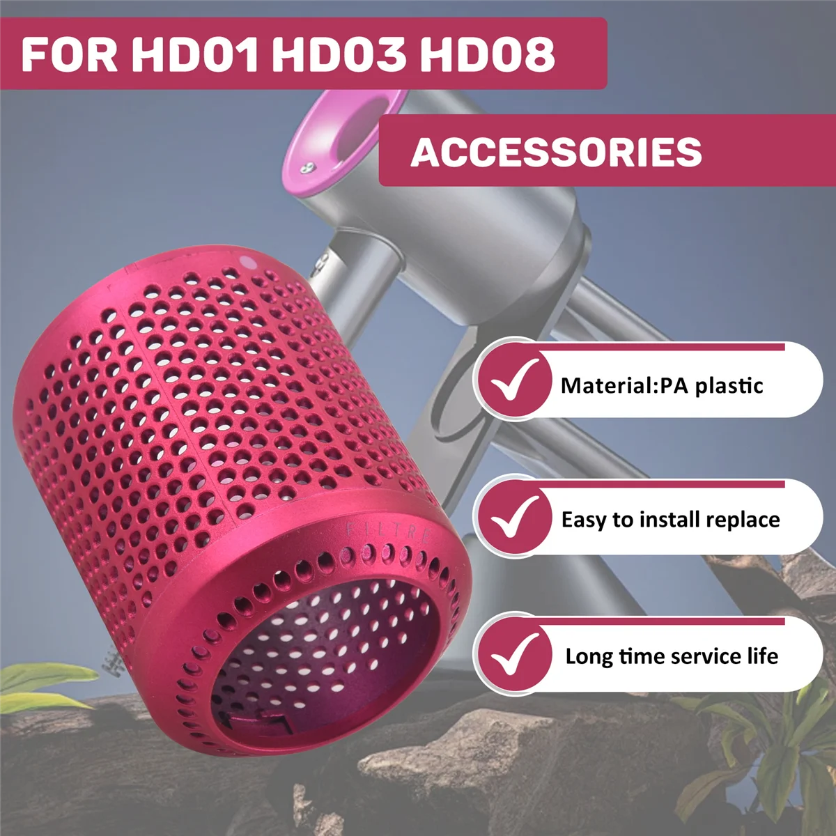 A01M Adatto per Dyson Asciugacapelli HD01 HD03 HD08 Coperchio filtro esterno antipolvere Accessori per aspirapolvere Rosa rossa