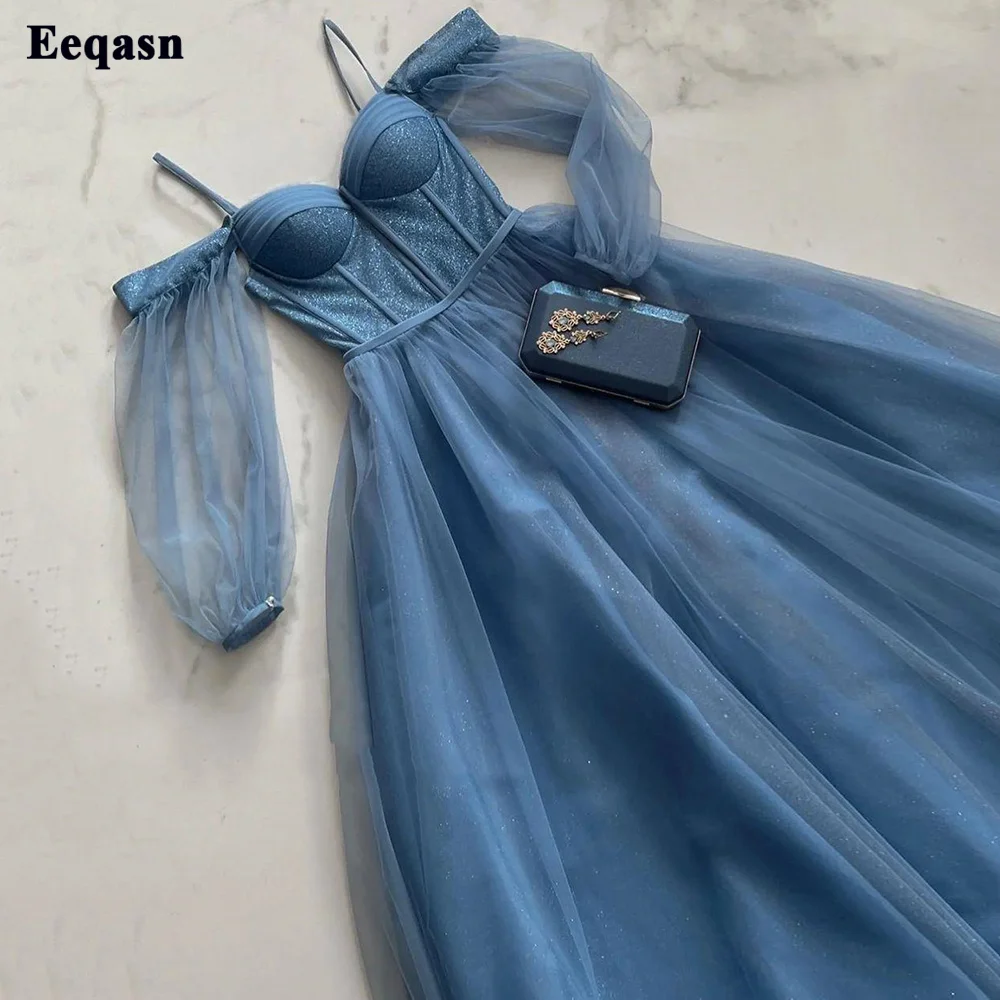 Eeqasn Simple Sparkly Tulle Short Prom Dresses Long Sleeves Tea Length Women Formal Party Gowns Saudi Arabia Homecoming Dress