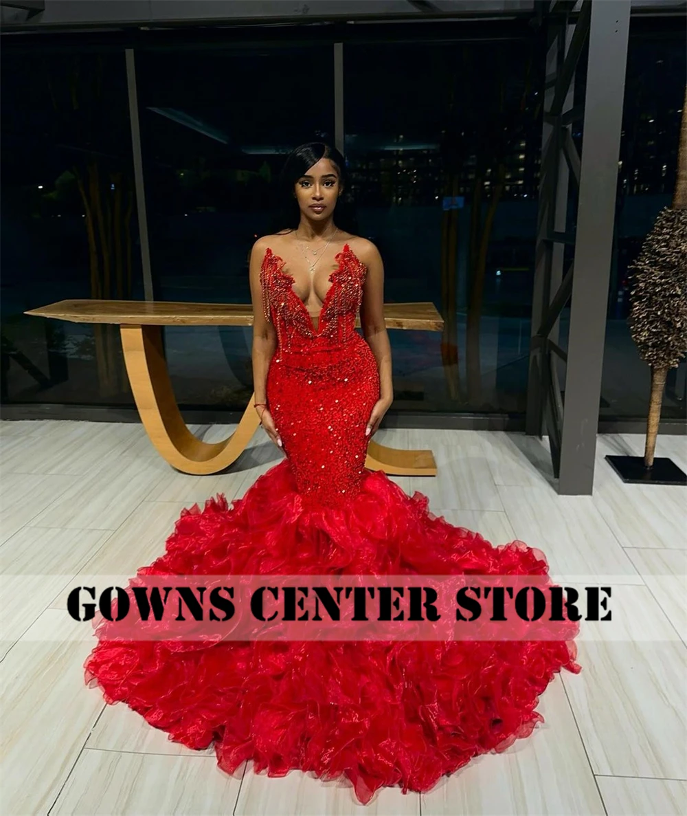 Hand Make Crystal Tassels Red Sweetheart Luxury Prom Dresses Black Girls Baddie Dresses For Birthday African vestidos Customized