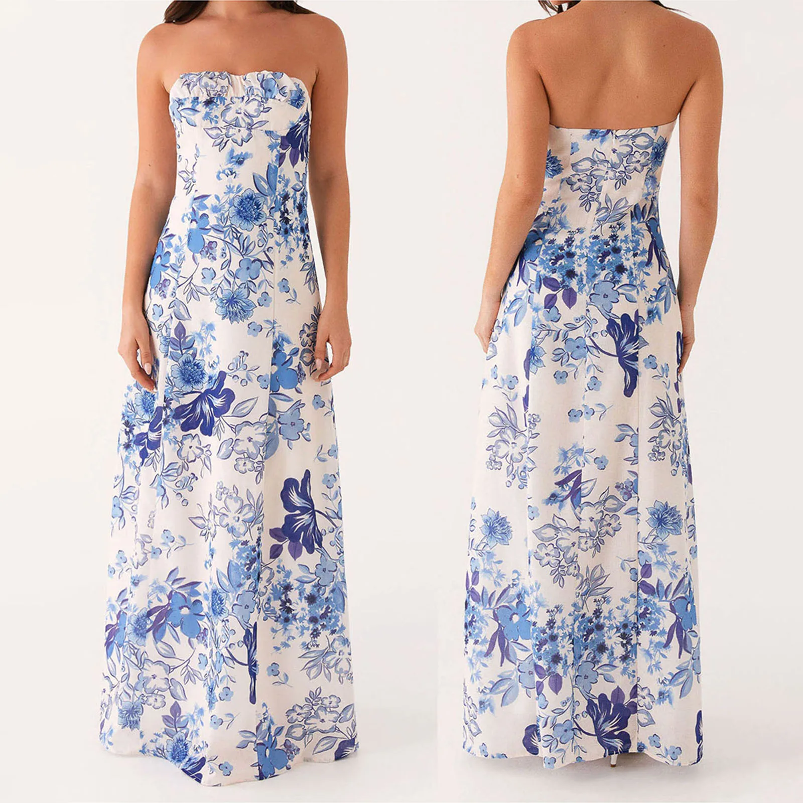 Boho-Damen-Bandeau-langes Kleid, ästhetisches Blumen-/einfarbiges, schulterfreies, ärmelloses A-Linien-Abendkleid mit Rüschen für Strand, Party, Club