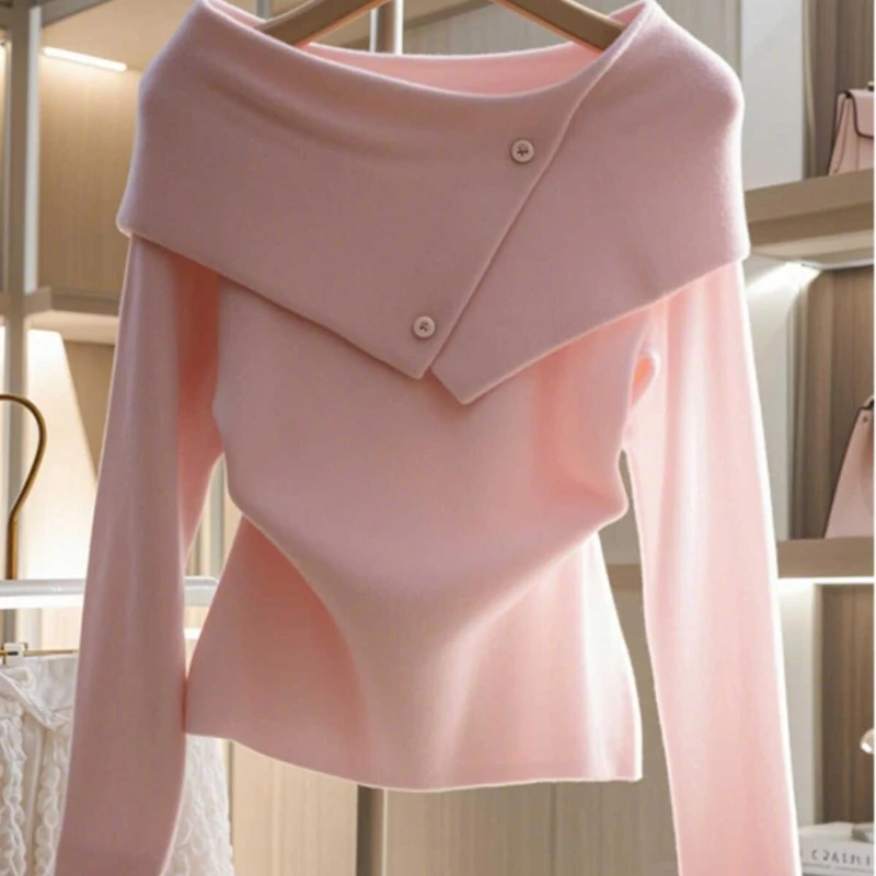 

Pink Dopaamine Knitted Sweater Women's Early Autumn New Design Slimming Warm Top Length Sleeveless One-Shoulder Style E11512