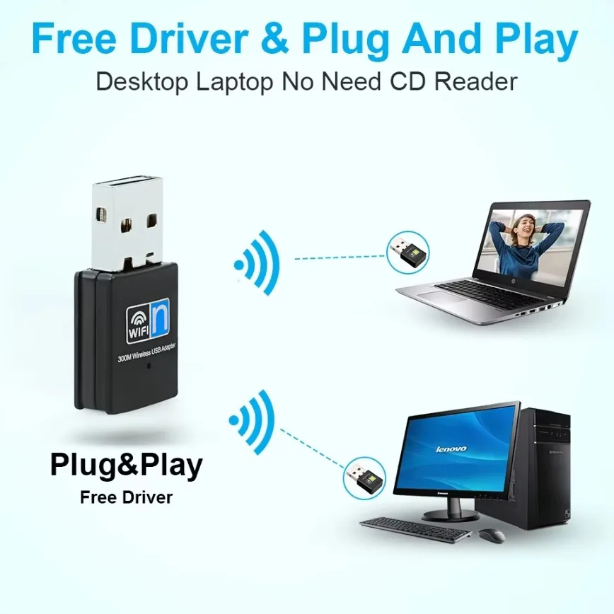 USB WiFi Adapter 300Mbps Wireless LAN Network Card Adapter 802.11b/g/n WiFi Dongle for Desktop Laptop PC Windows 10 8 7 MAC OS