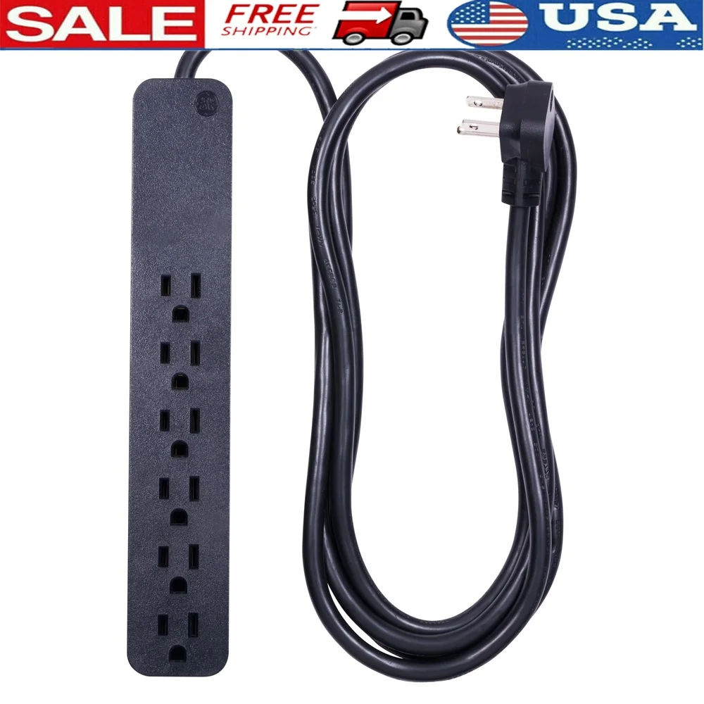 

6-Outlet Power Strip Surge Protector 8ft Power Cord Flat Plug Keyhole Mounting Durable PVC Insulation Cleaner Sound Picture