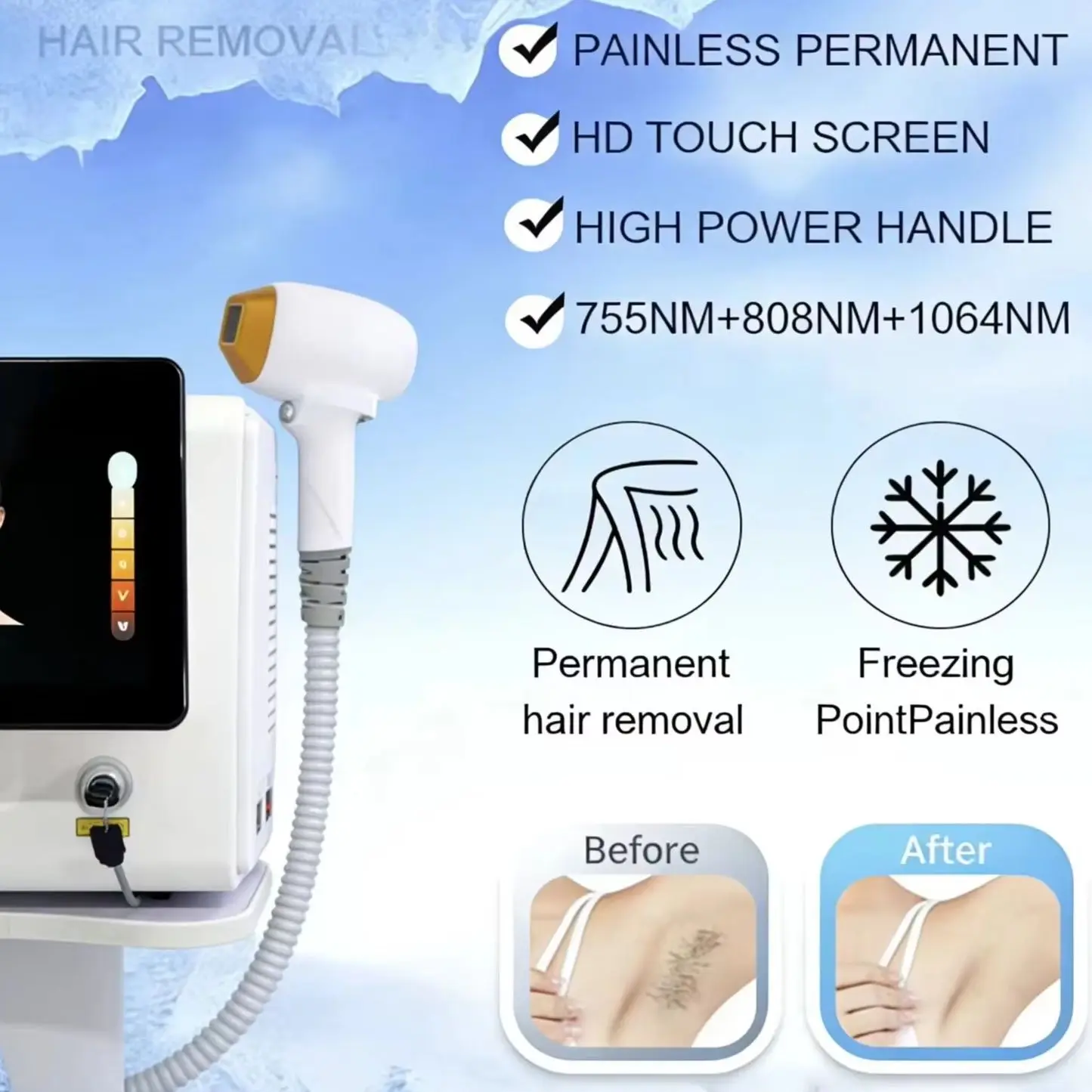 

Портативный диодный лазер 4000 Вт 808 нм для удаления волос на всем теле, с охлаждением, безболезненный, для перманентной депиляции, оборудование для салонов красоты