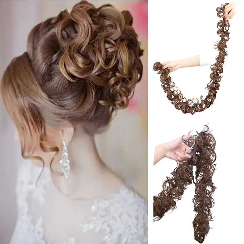 

Синтетические грязные резинки для волос, эластичная повязка для волос, женские волнистые пучки для волос, длинный шиньон «сделай сам», черные, коричневые булочки, шиньон для женщин