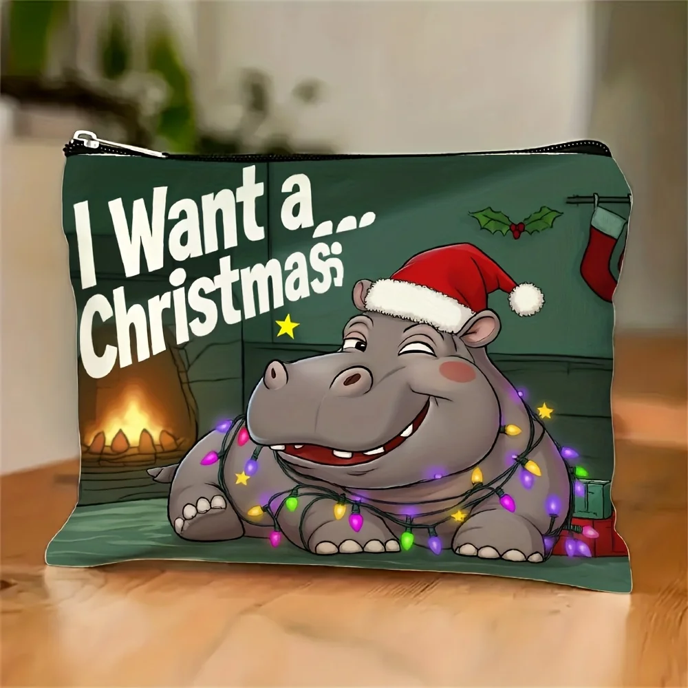 A Christmas hippo wearing a hat with colorful lights makeup bag- multifunctional zipper pouch, jewelry storage bag, perfect trav