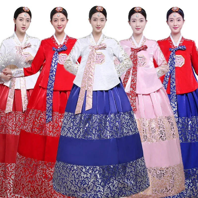 Roupas tradicionais coreanas multicoloridas para mulheres, fantasia nacional de quadra, hanbok, lantejoulas, vestido de dança de palco, roupa de festa de ano novo