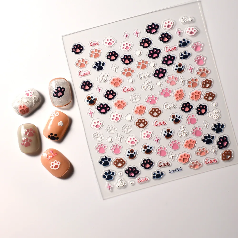 1pcs 5D Relief Nail Stickers Cartoon 3D Jelly Cat Paw Print Nail Art Decorations Decals Cute Cat Adhesive Slider Press On Nails