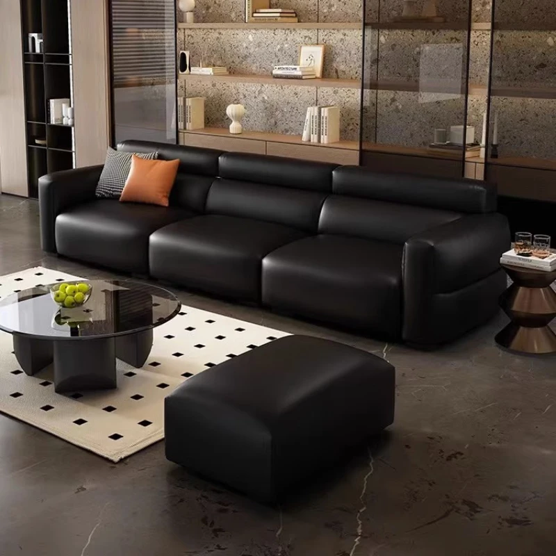 Black leather sofa hair living room 3 meters long 2023 new big black bull 4-seat straight