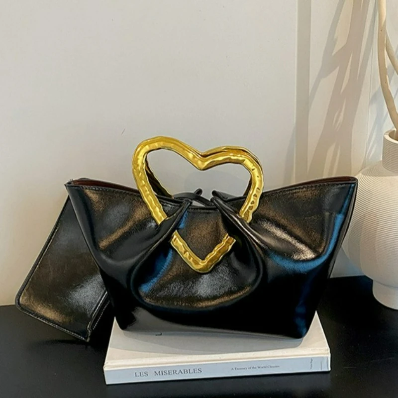Golden Heart-shaped Handle Handbag, New Style Fashionable Large-capacity Versatile Commuter Tote Bag, Women's Daily Handbag