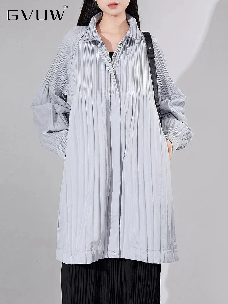 GVUW Pleated Lapel Cotton Coats Women Lapel Full Sleeve Zipper Solid Color Casual Outwear New 2024 Female Loose Clothing 17G8453